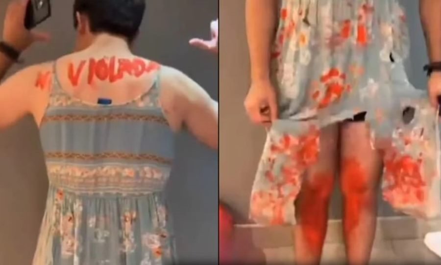 El alumno del colegio IPET 267 de Bell Ville durante el viaje de egresados en Bariloche, en el momento que generó repudio en redes sociales.