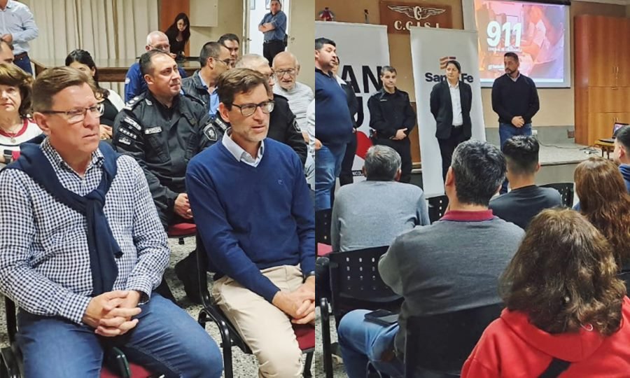 El senador provincial Rodrigo Borla durante una charla informativa sobre el sistema de denuncias 911 en San Justo.