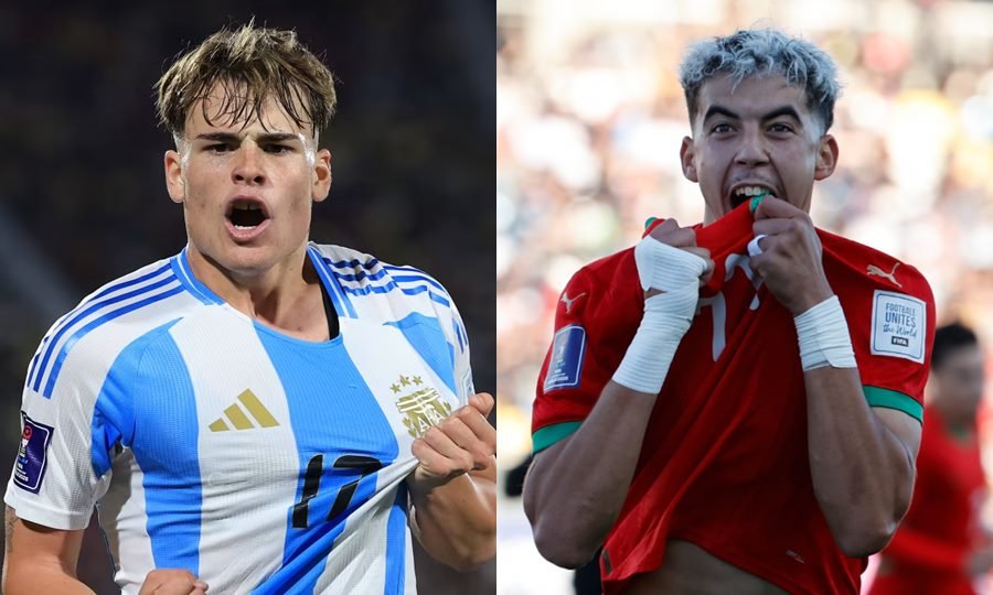 Las selecciones Sub 20 de Argentina y Marruecos, que se enfrentarán este domingo 19 de octubre en la final del Mundial de Chile 2025.