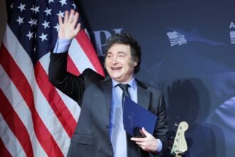 Javier Milei durante su visita a Estados Unidos, en el marco de las gestiones por apoyo financiero y respaldo internacional.