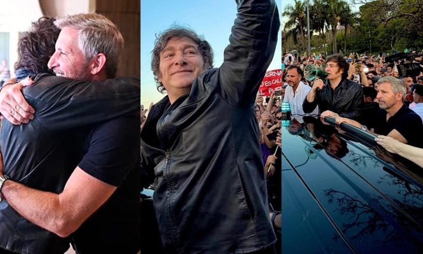 Javier Milei junto a Rogelio Frigerio durante el acto en la Costanera de Paraná y saludando a la militancia libertaria en Entre Ríos.