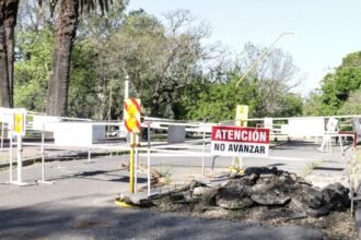 Trabajos de reparación en el puente del Parque Juan de Garay, sobre calle Salvador Caputto, ejecutados por personal municipal.