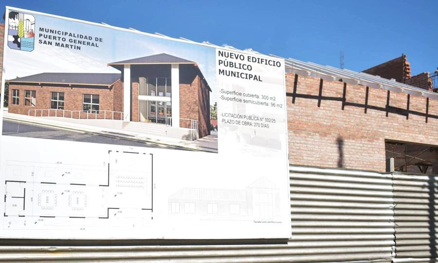 Vista general del sector donde avanzan las obras en el Centro Cívico de Puerto General San Martín.