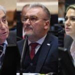 Los senadores por Santa Fe, Eduardo Galaretto, Marcelo Lewandowski y Carolina Losada, durante una sesión en la Cámara Alta.