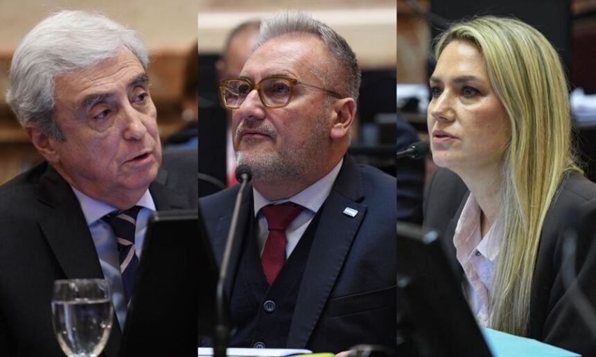 Los senadores por Santa Fe, Eduardo Galaretto, Marcelo Lewandowski y Carolina Losada, durante una sesión en la Cámara Alta.