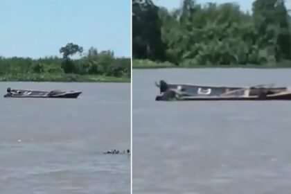 Canoa hallada a la deriva en el río Coronda, donde fueron encontrados sin vida dos pescadores, en un operativo de fuerzas de seguridad.