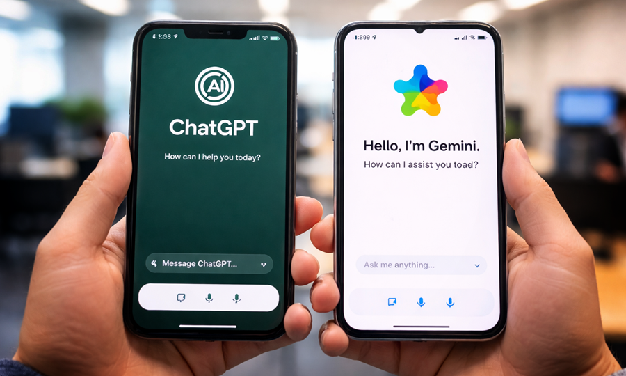 ChatGPT, desarrollado por OpenAI, y Gemini, creado por Google, dos asistentes de inteligencia artificial que compiten por el liderazgo tecnológico.