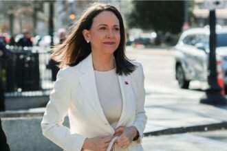 María Corina Machado durante una aparición pública en Washington, en el marco de gestiones internacionales por la situación política y democrática de Venezuela.