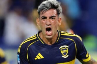 El festejo de Lautaro Di Lollo tras convertir el único gol del partido para Boca en el Torneo Apertura.