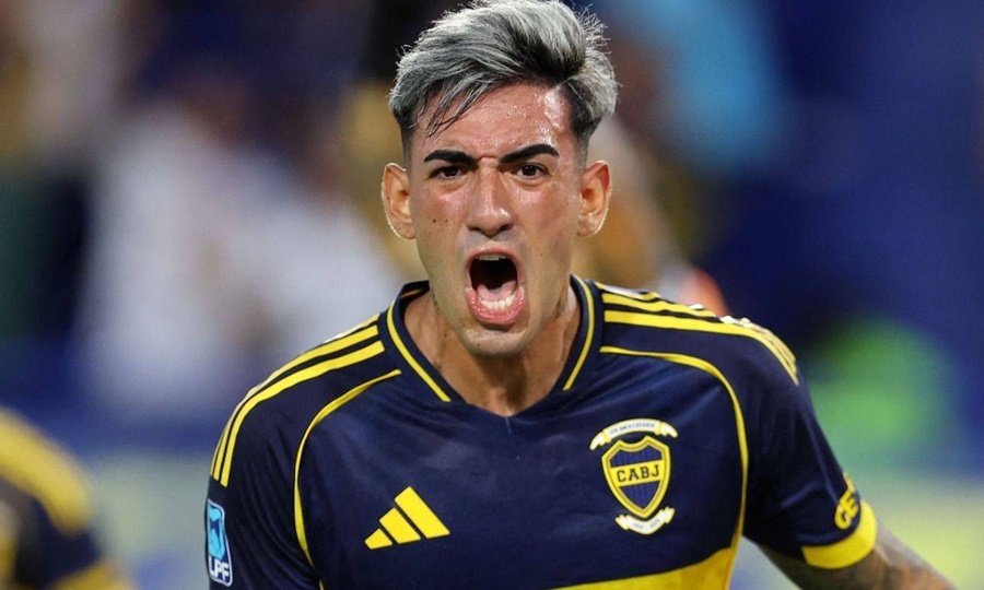 El festejo de Lautaro Di Lollo tras convertir el único gol del partido para Boca en el Torneo Apertura.