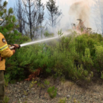 Brigadistas y autoridades provinciales coordinan tareas en la zona afectada por el incendio en Puerto Patriada, El Hoyo, tras las lluvias que permitieron contener el fuego.