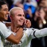 Franco Mastantuono celebra su gol en el Santiago Bernabéu durante un partido de Champions League con el Real Madrid.