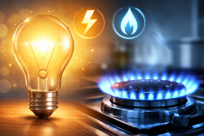 Ilustración representativa de los servicios esenciales de energía eléctrica y gas en los hogares argentinos.