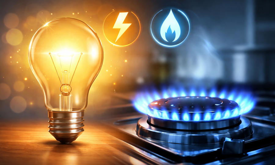 Ilustración representativa de los servicios esenciales de energía eléctrica y gas en los hogares argentinos.