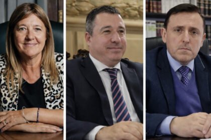 Jorgelina Genghini, Diego Maciel y Aldo Alurralde, designados ministros de la Corte Suprema de Justicia de Santa Fe, en una imagen institucional previa a su asunción en el máximo tribunal provincial.