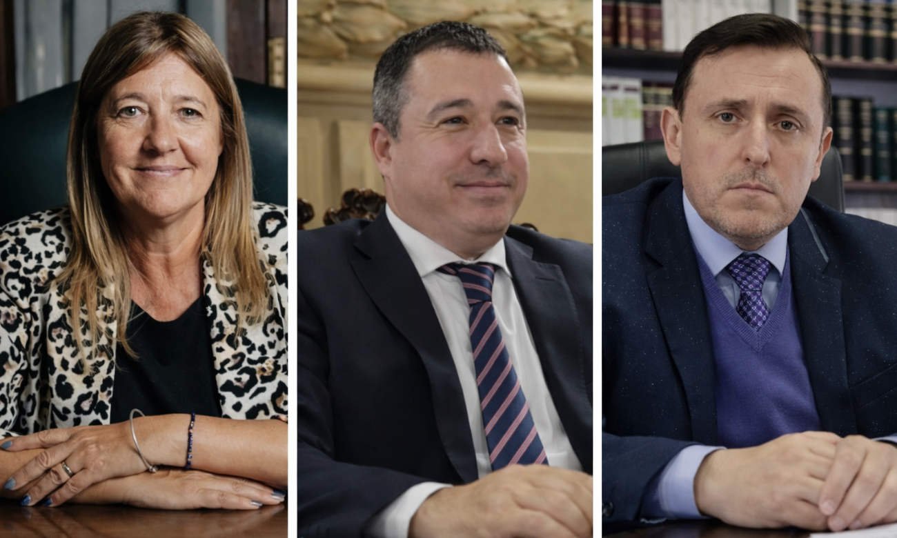 Jorgelina Genghini, Diego Maciel y Aldo Alurralde, designados ministros de la Corte Suprema de Justicia de Santa Fe, en una imagen institucional previa a su asunción en el máximo tribunal provincial.