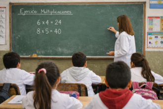 Docente dicta clase frente al pizarrón mientras alumnos asisten a una escuela pública de la provincia de Santa Fe. Imagen ilustrativa