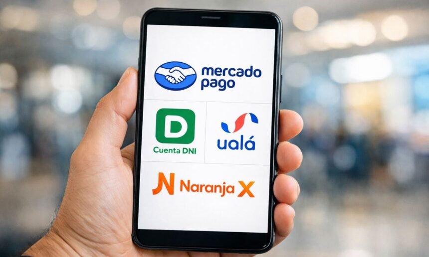 Ilustración con las principales billeteras virtuales utilizadas en Argentina: Mercado Pago, Ualá, Cuenta DNI y Naranja X.