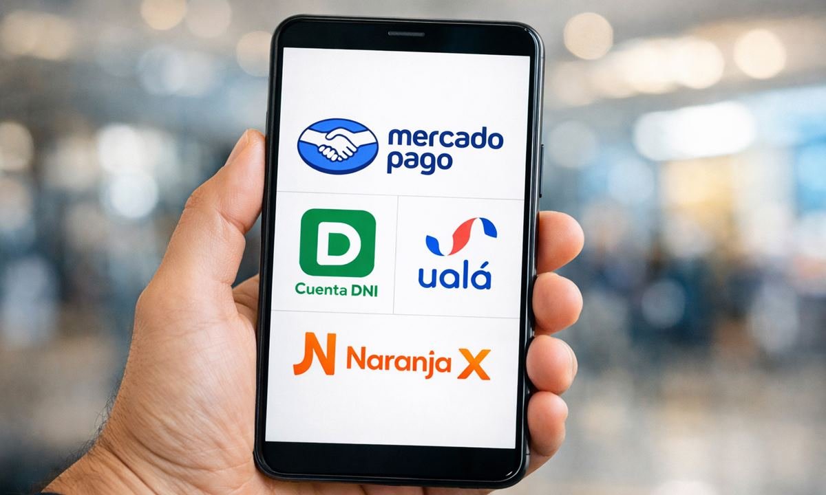 Ilustración con las principales billeteras virtuales utilizadas en Argentina: Mercado Pago, Ualá, Cuenta DNI y Naranja X.