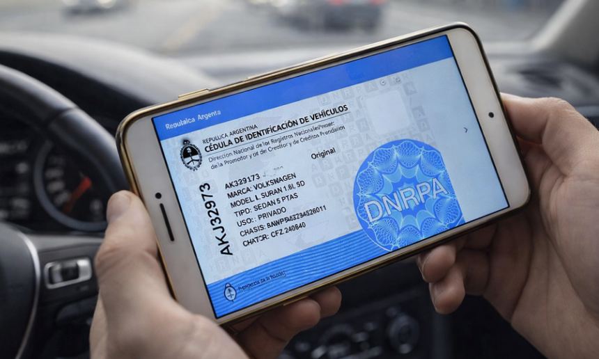 Un conductor exhibe la cédula de identificación digital del vehículo desde su teléfono celular, documento habilitado por la Dirección Nacional de los Registros Nacionales de la Propiedad del Automotor (DNRPA) para acreditar la titularidad y datos registrales en controles y trámites oficiales.