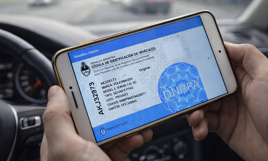 Un conductor exhibe la cédula de identificación digital del vehículo desde su teléfono celular, documento habilitado por la Dirección Nacional de los Registros Nacionales de la Propiedad del Automotor (DNRPA) para acreditar la titularidad y datos registrales en controles y trámites oficiales.