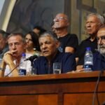 Dirigentes de la CGT durante una conferencia de prensa en la sede de Azopardo, en el marco de un paro general.