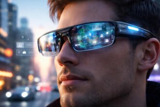 Usuario utiliza gafas inteligentes con tecnología de realidad aumentada e inteligencia artificial, capaces de proyectar información digital en el campo visual y personalizar la experiencia según datos biométricos y del entorno.