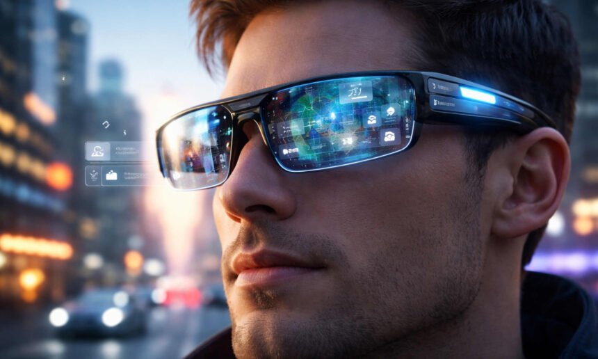 Usuario utiliza gafas inteligentes con tecnología de realidad aumentada e inteligencia artificial, capaces de proyectar información digital en el campo visual y personalizar la experiencia según datos biométricos y del entorno.