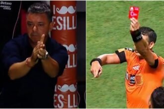 Marcelo Gallardo, en un cruce con el árbitro Andrés Merlos, durante un partido cargado de tensión.