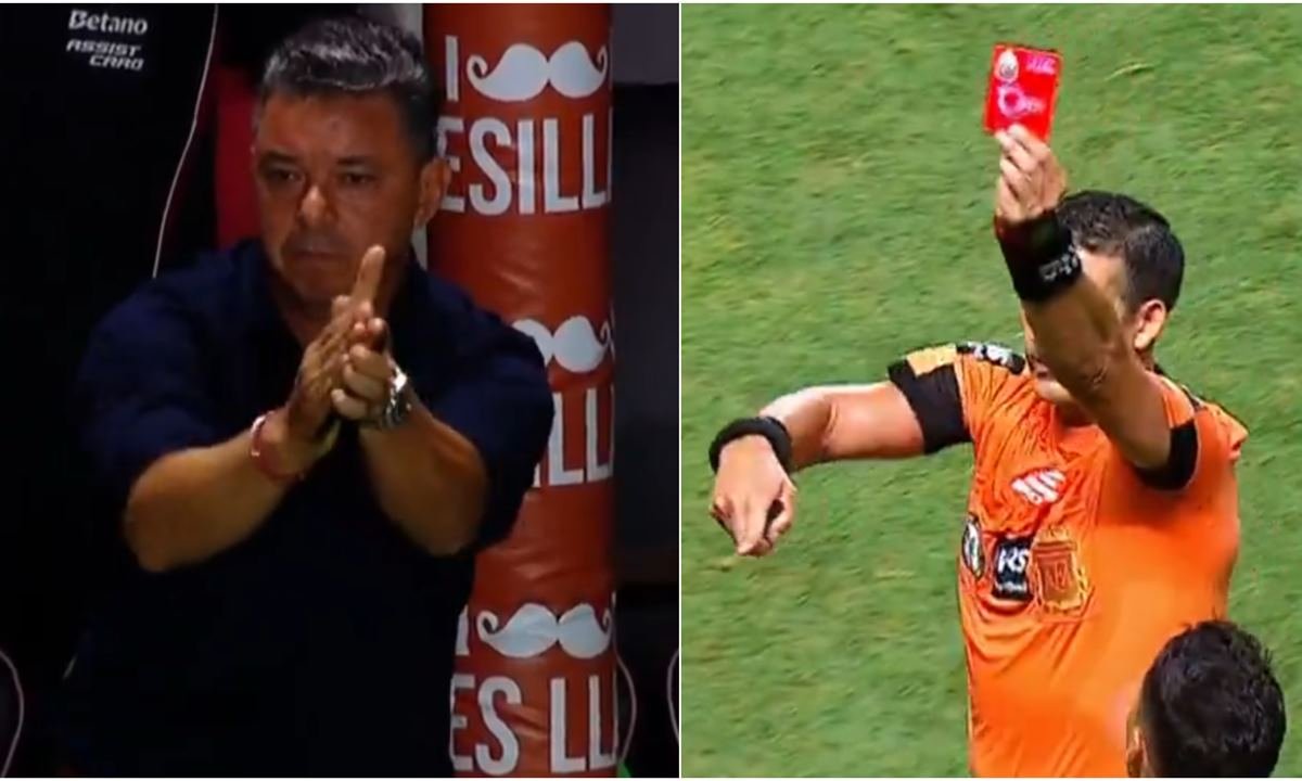 Marcelo Gallardo, en un cruce con el árbitro Andrés Merlos, durante un partido cargado de tensión.