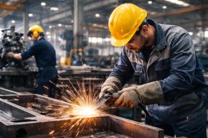 Trabajador en plena tarea dentro de una planta metalúrgica, representativa de la producción industrial del sector manufacturero.