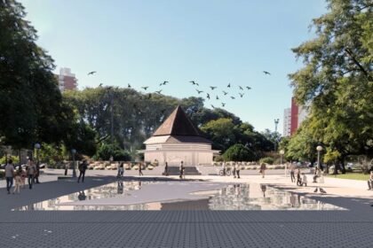 Proyecto de renovación integral de la Plaza Colón, que contempla la modernización de la fuente histórica con un espejo de agua a nivel del piso, mejoras en accesibilidad y nueva infraestructura urbana en el área céntrica de Santa Fe.