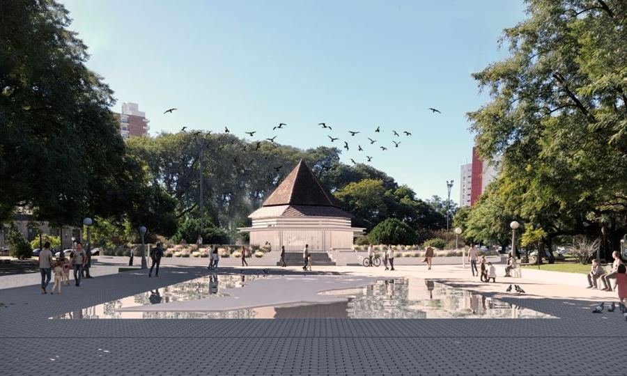 Proyecto de renovación integral de la Plaza Colón, que contempla la modernización de la fuente histórica con un espejo de agua a nivel del piso, mejoras en accesibilidad y nueva infraestructura urbana en el área céntrica de Santa Fe.