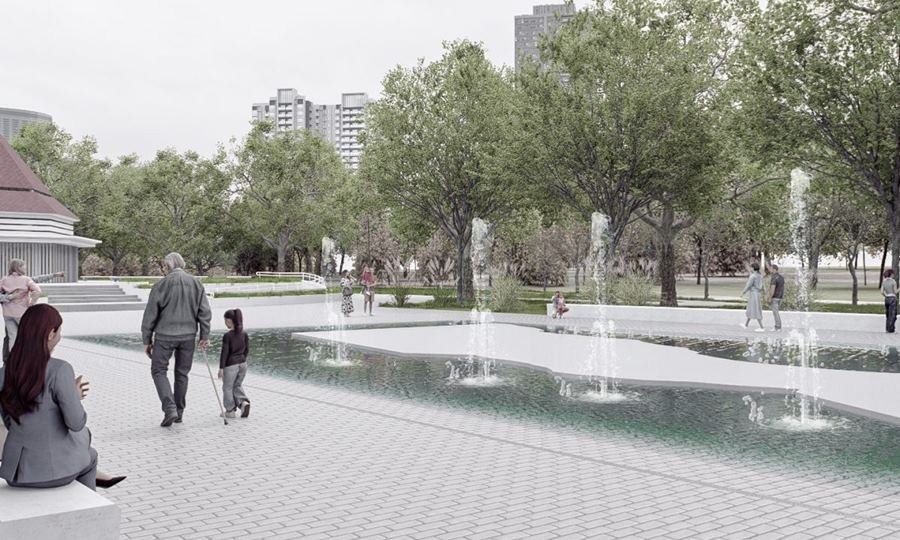 Vista general de la fuente central de la Plaza Colón durante los trabajos de renovación y puesta en valor del espacio público.