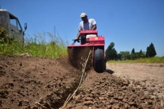 Personal de la Municipalidad de Puerto General San Martín realiza tareas de zanjeo sobre calle Misiones para la extensión de la red de agua potable, que abastecerá al futuro Cine 4D y al Parque Puerto de las Infancias.