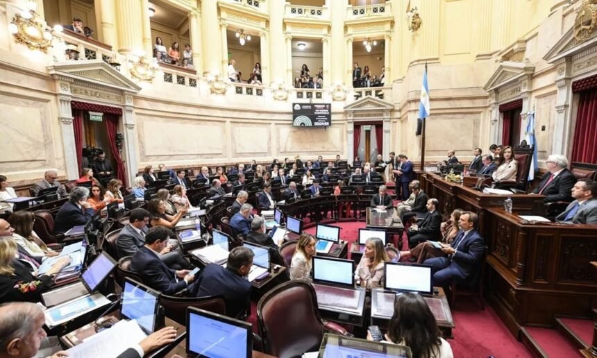 Vista general del recinto del Senado de la Nación Argentina durante una sesión legislativa en el Congreso Nacional.