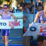 Ignacio Erario Núñez y Magdalena Garrote celebran su victoria tras consagrarse ganadores de la Media Maratón 21K de Santa Fe en el circuito de la Costanera.