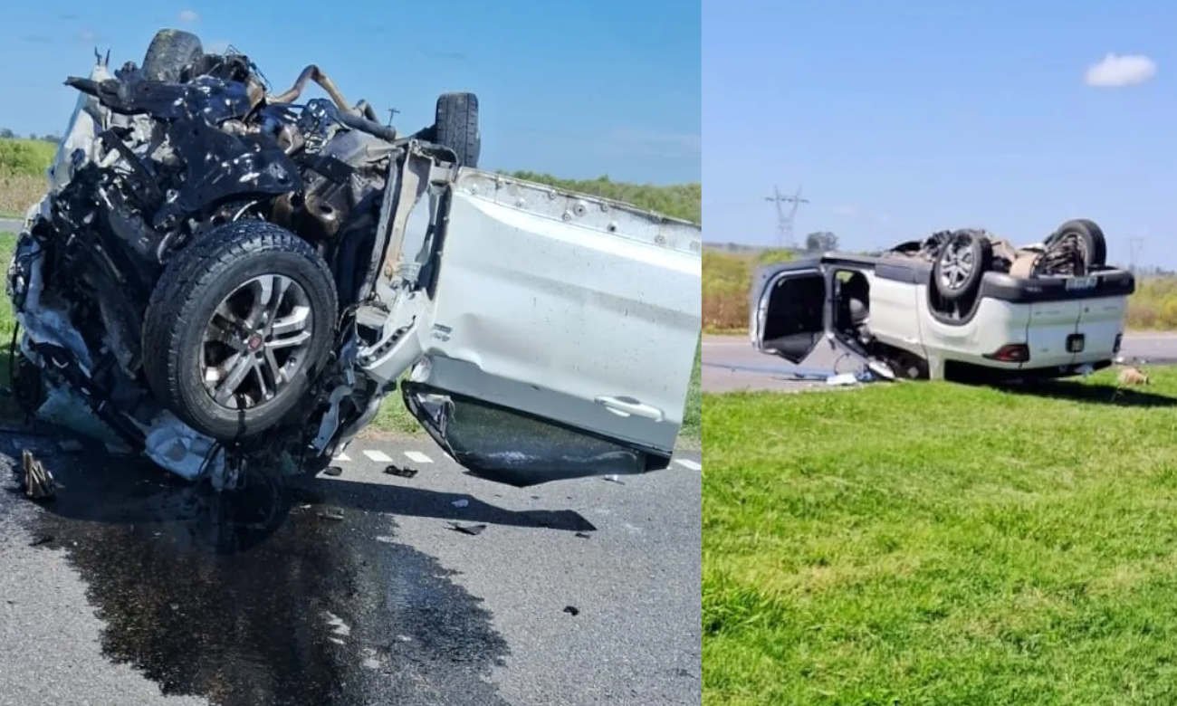 La camioneta Fiat Toro quedó partida en dos tras el violento choque con un colectivo en la autopista Rosario–Santa Fe. Foto: Gentileza.