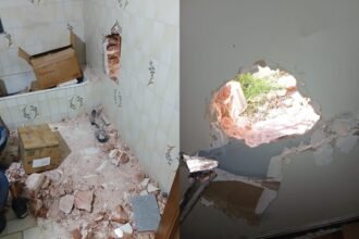 Boquete realizado en una de las paredes del estudio contable de calle San Lorenzo al 2700, por donde habrían ingresado los delincuentes.