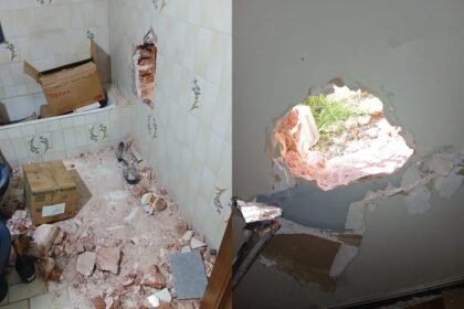 Boquete realizado en una de las paredes del estudio contable de calle San Lorenzo al 2700, por donde habrían ingresado los delincuentes.