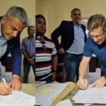 Rodrigo Borla junto a autoridades provinciales durante la firma del acta para iniciar las obras de refacción y ampliación del SAMCo de Gobernador Crespo.