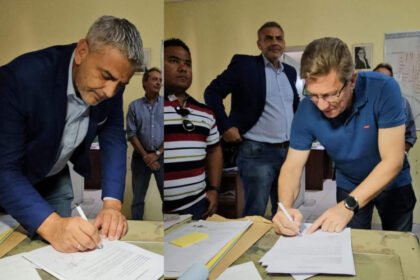 Rodrigo Borla junto a autoridades provinciales durante la firma del acta para iniciar las obras de refacción y ampliación del SAMCo de Gobernador Crespo.