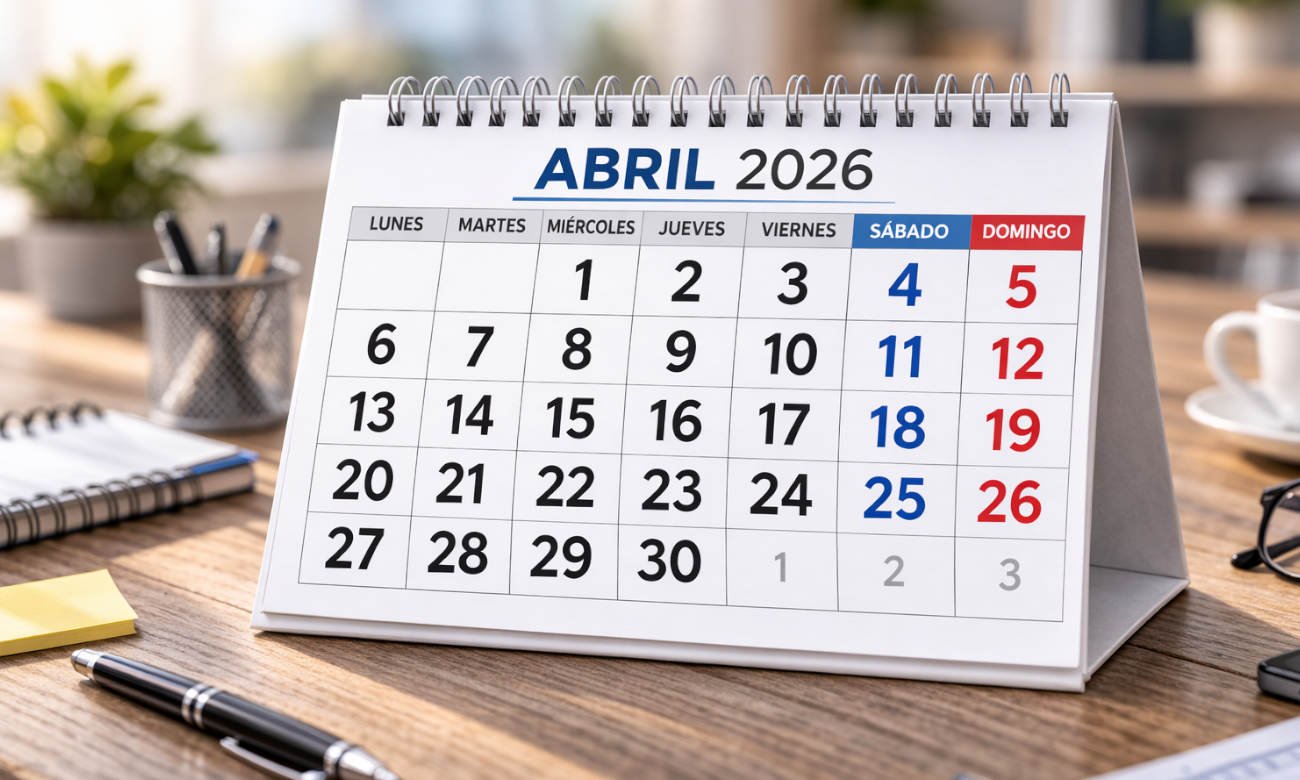 Calendario ilustrativo de abril de 2026, con un mes marcado por jornadas ideales para planificar actividades, viajes y descansos.