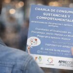 Folleto de la charla “Consumos de sustancias y comportamentales: estrategias de prevención y abordaje integral”, que se realizará el 26 de marzo a las 18:30 en la Biblioteca J. B. Alberdi de Laguna Paiva, con disertaciones de Javier Molina e Ignacio Alassia y acompañamiento de APRECOD.