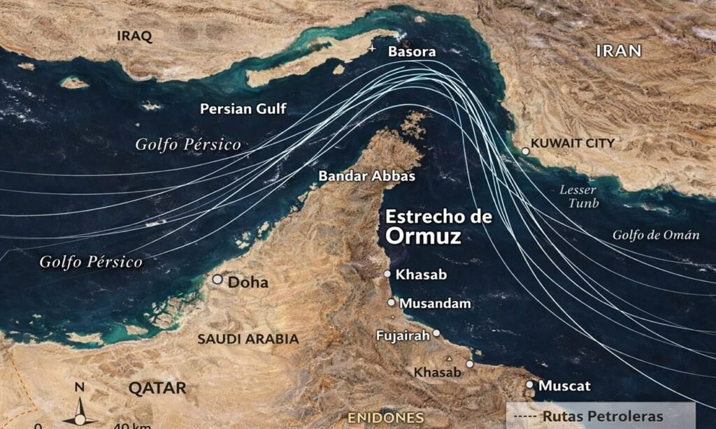 Mapa del estrecho de Ormuz, un punto clave para el tránsito internacional de petróleo y el comercio energético global.