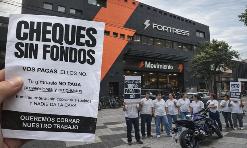 Protesta de trabajadores y proveedores frente a una sede del gimnasio Fortress en medio del conflicto por presuntos pagos adeudados y reclamos laborales.