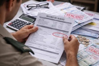 Trabajador estatal revisa su recibo de sueldo con descuentos por deudas financieras. Imagen ilustrativa.