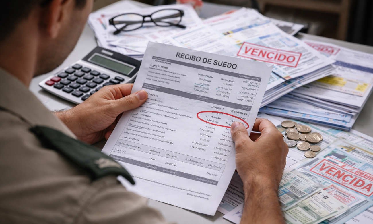 Trabajador estatal revisa su recibo de sueldo con descuentos por deudas financieras. Imagen ilustrativa.