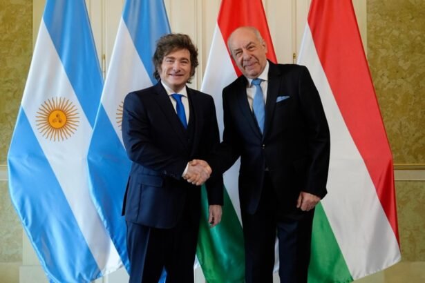 Javier Milei y Viktor Orbán se saludan con un apretón de manos durante un encuentro oficial en Budapest, Hungría. Foto: archivo.