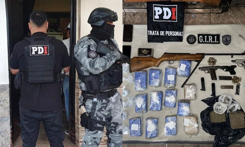 Procedimiento policial en una vivienda de Rosario donde se incautaron drogas, armas y otros elementos vinculados a la causa.